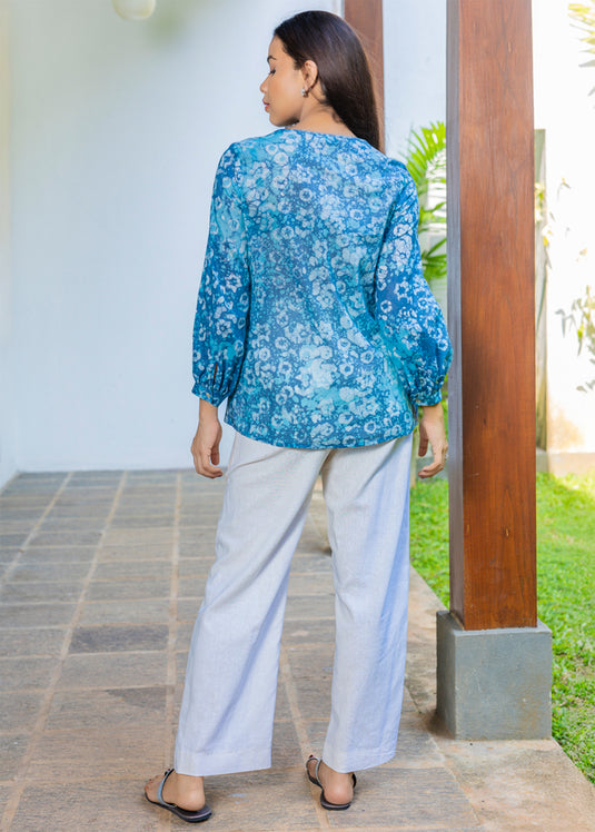 Batik Pintuck Top With Puff Sleeves