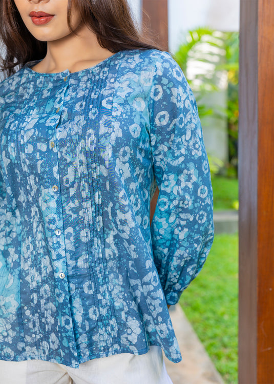 Batik Pintuck Top With Puff Sleeves