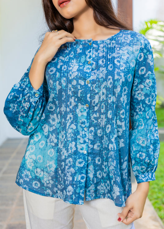 Batik Pintuck Top With Puff Sleeves