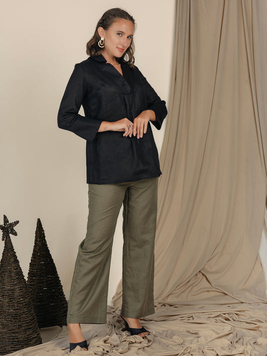 Oversized Linen Blouse With Collar And Large Cuff
