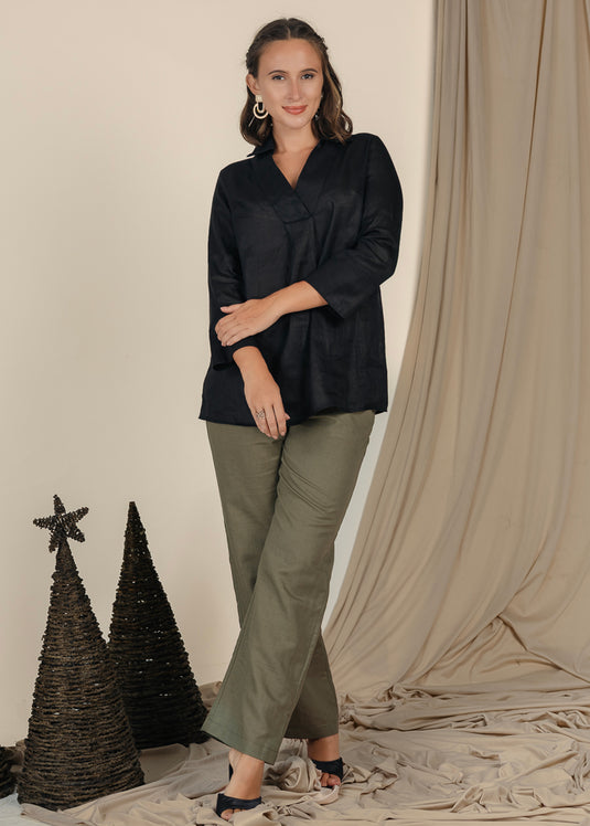 Oversized Linen Blouse With Collar And Large Cuff