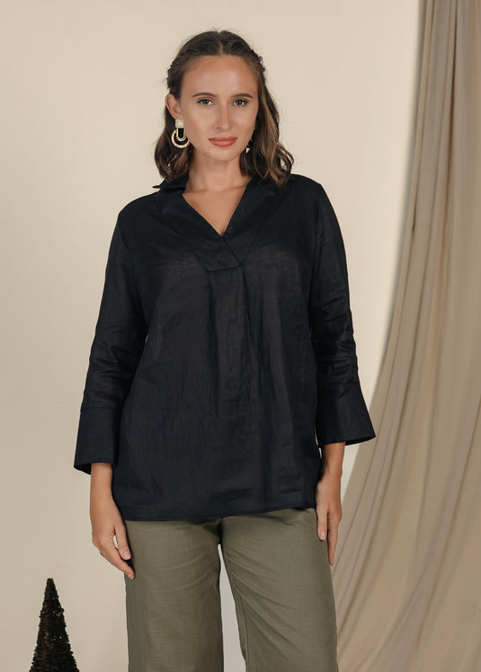 Oversized Linen Blouse With Collar And Large Cuff