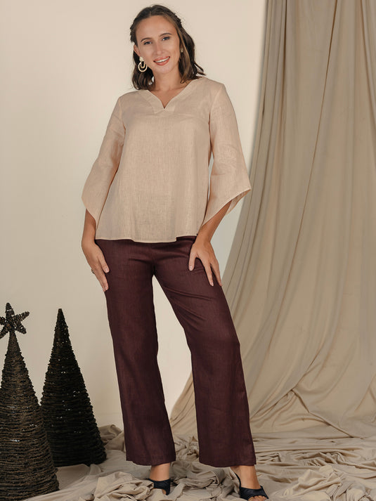 V Neck Linen Blouse With Bell Sleeve