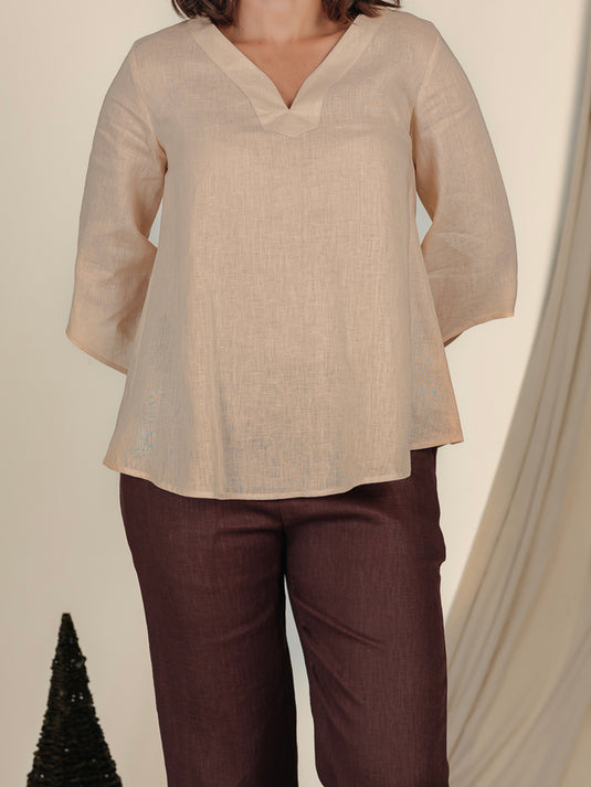 V Neck Linen Blouse With Bell Sleeve