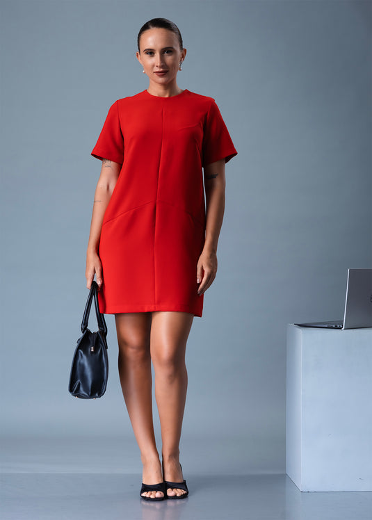 Round Neck Short Dress With Cut Panel Detail