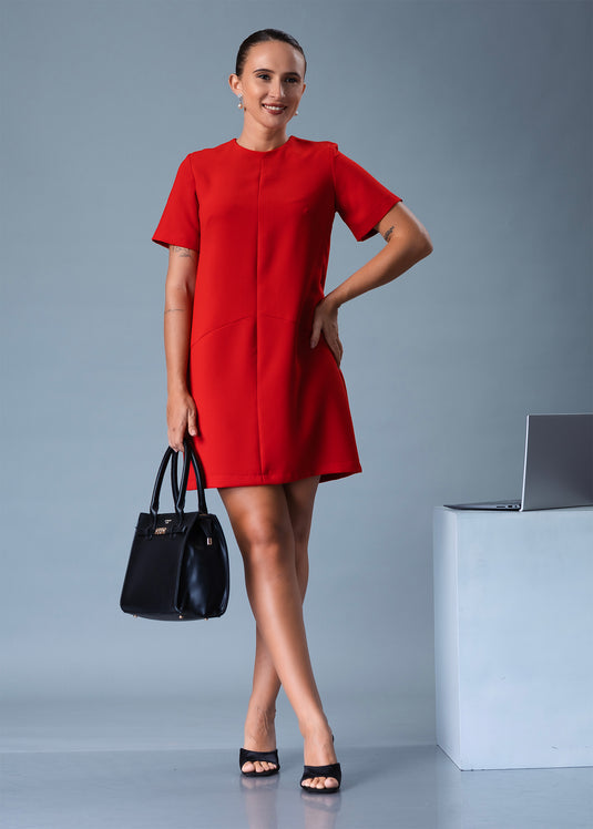 Round Neck Short Dress With Cut Panel Detail