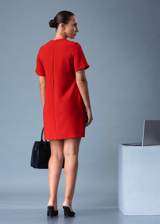 Round Neck Short Dress With Cut Panel Detail