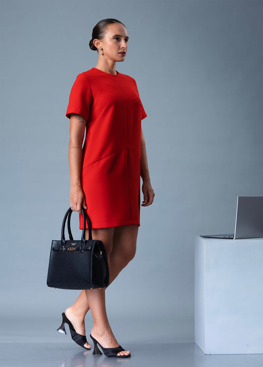 Round Neck Short Dress With Cut Panel Detail