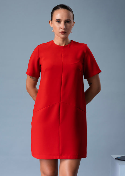 Round Neck Short Dress With Cut Panel Detail