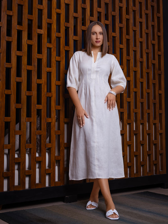 Premium linen midi dress with puff sleeve