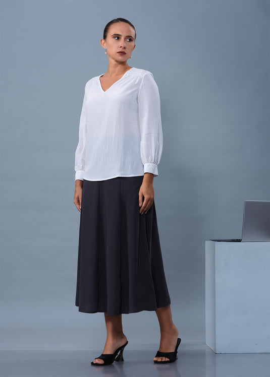 V Neck Long Sleeve Blouse With Smocking Detail