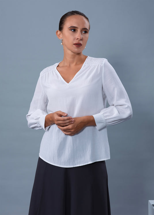 V Neck Long Sleeve Blouse With Smocking Detail