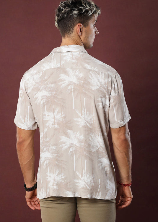 Beige Printed Cuban Collar S/S Shirt