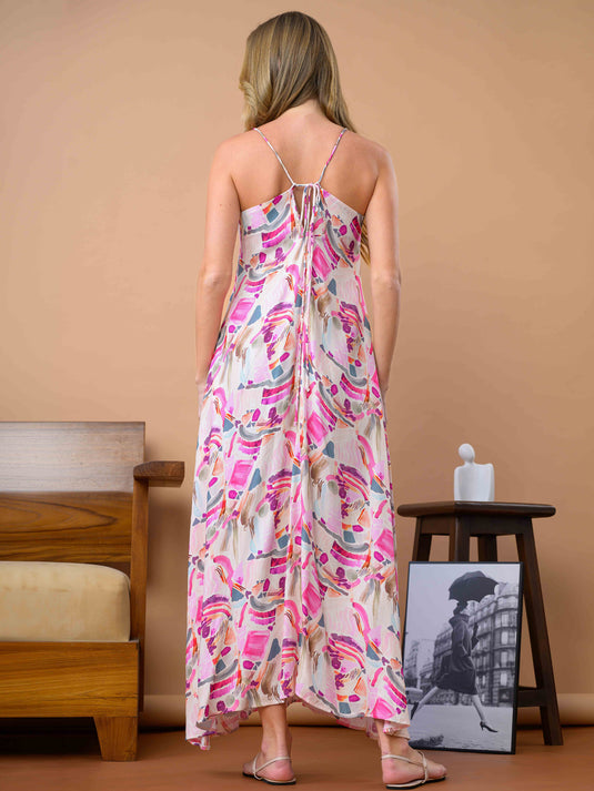 Printed sleeveless tiered dress with V neck