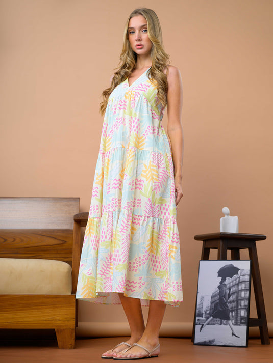 Printed sleeveless tiered dress with V neck