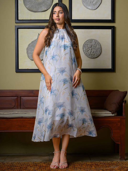 Halter neck flared maxi dress