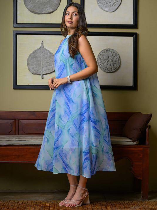 Halter neck flared maxi dress