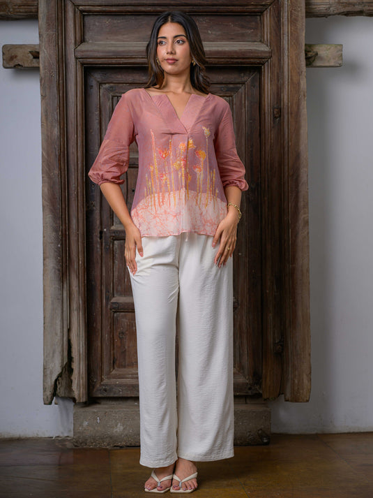 A-line puff sleeve batik floral top