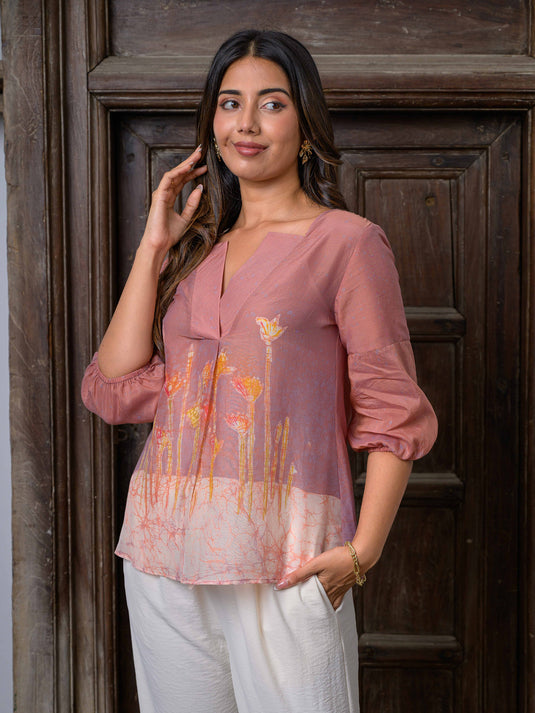 A-line puff sleeve batik floral top