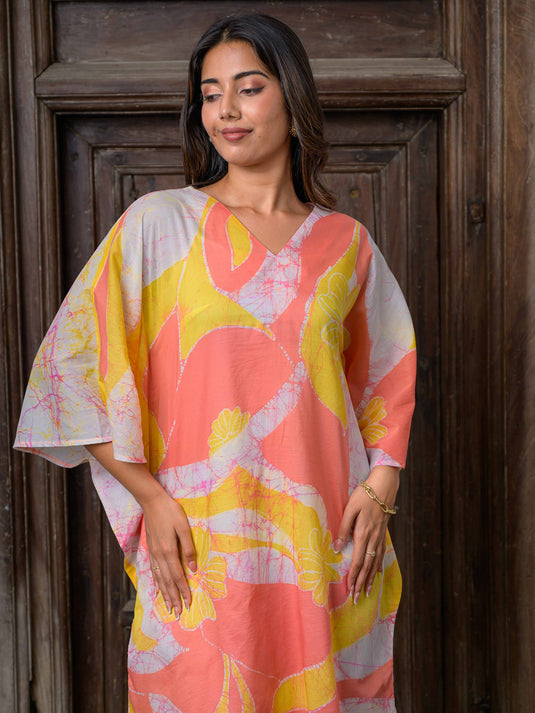 v- neck floral batik detailed kaftan dress