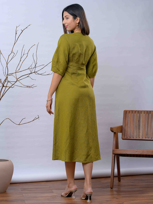 Linen midi dress with pleat detail