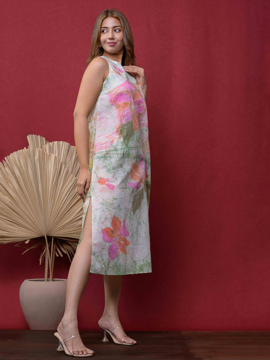 SIDE SLIT DETAILED FLORAL SLEEVELESS BATIK DRESS