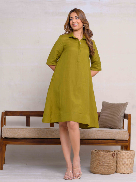 Premium Linen Trapeze Dress With Short Placket