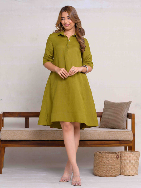 Premium Linen Trapeze Dress With Short Placket
