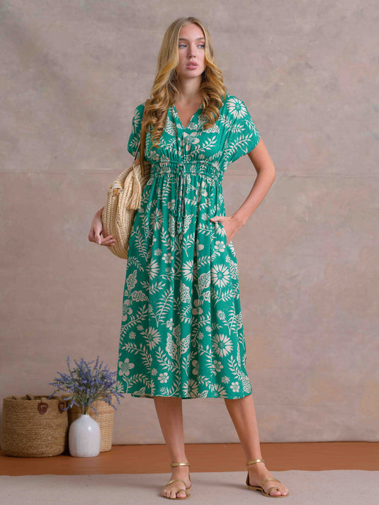 Kimono Sleeve Printed Dress With Ties