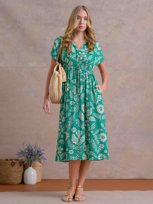 Kimono Sleeve Printed Dress With Ties