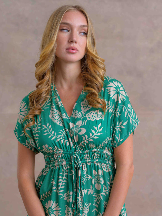 Kimono Sleeve Printed Dress With Ties