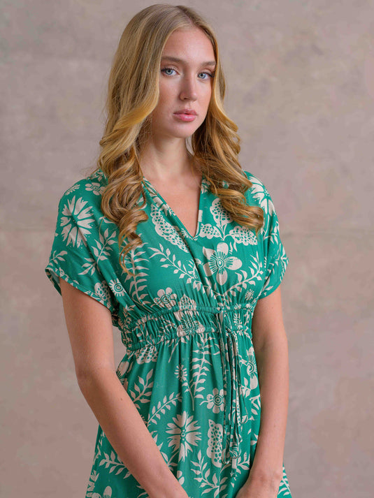Kimono Sleeve Printed Dress With Ties