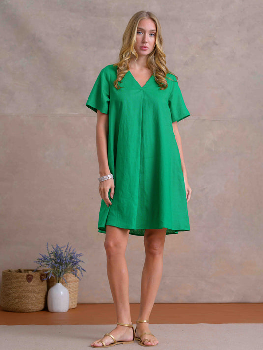 V Neck Dress With Front Pleat
