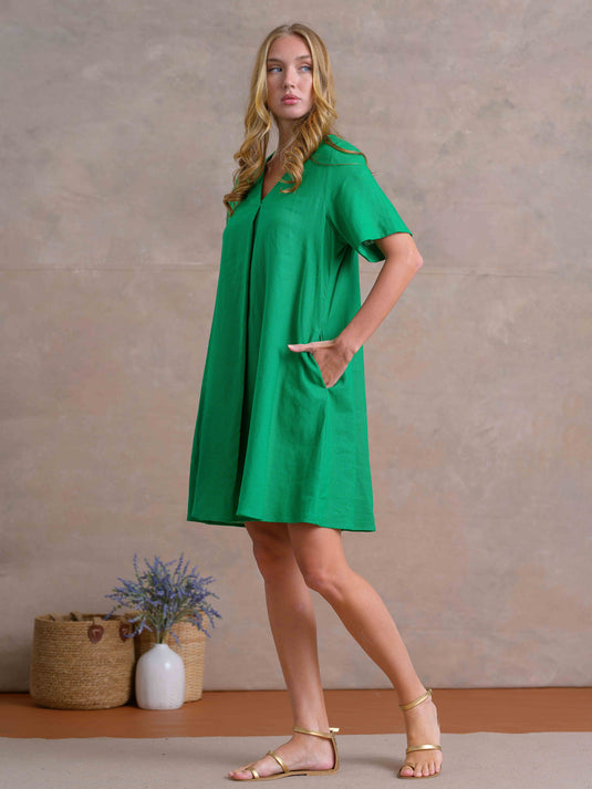 V Neck Dress With Front Pleat