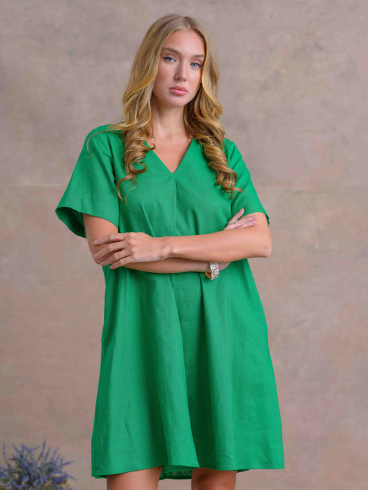 V Neck Dress With Front Pleat