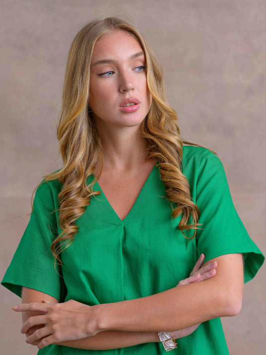 V Neck Dress With Front Pleat
