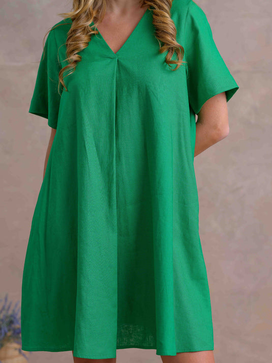 V Neck Dress With Front Pleat