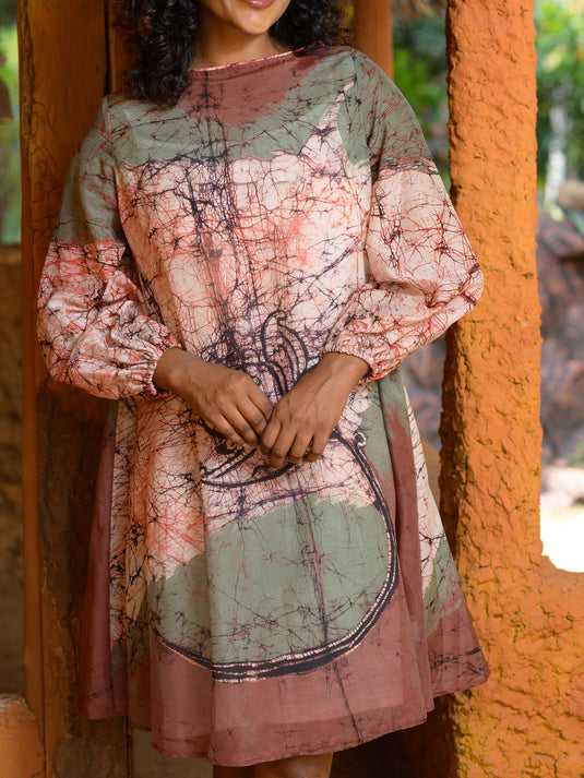 Batik long puff sleeve midi dress