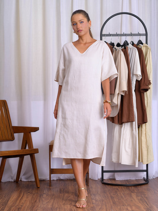 V neck linen dress with back tie
