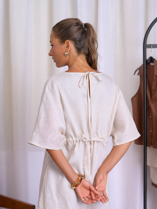 V neck linen dress with back tie