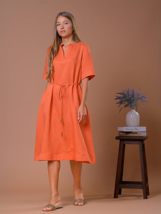 Linen shift dress with beated tie