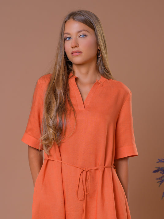 Linen shift dress with beated tie