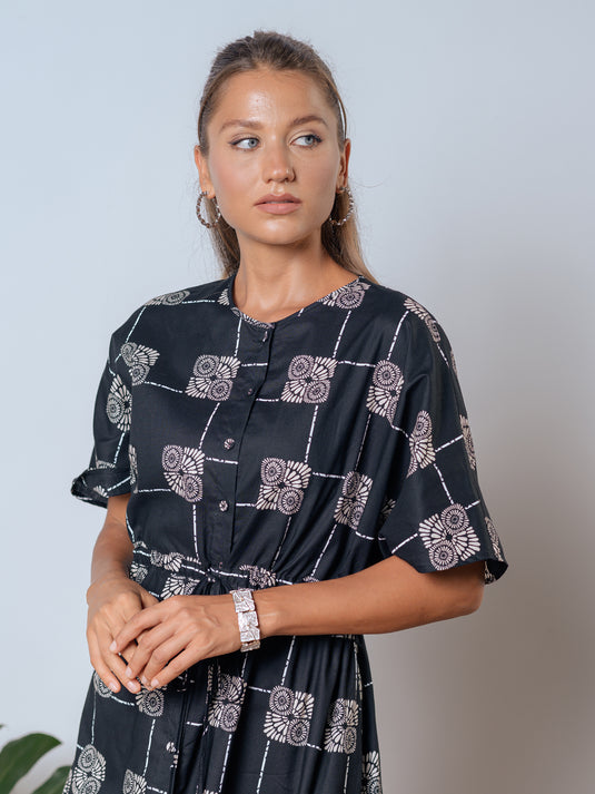 Printed midi dress with draw cord waist