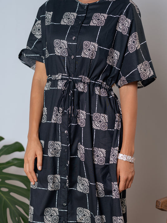 Printed midi dress with draw cord waist