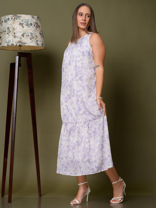Sleeveless round neck midi dress with tiered panel