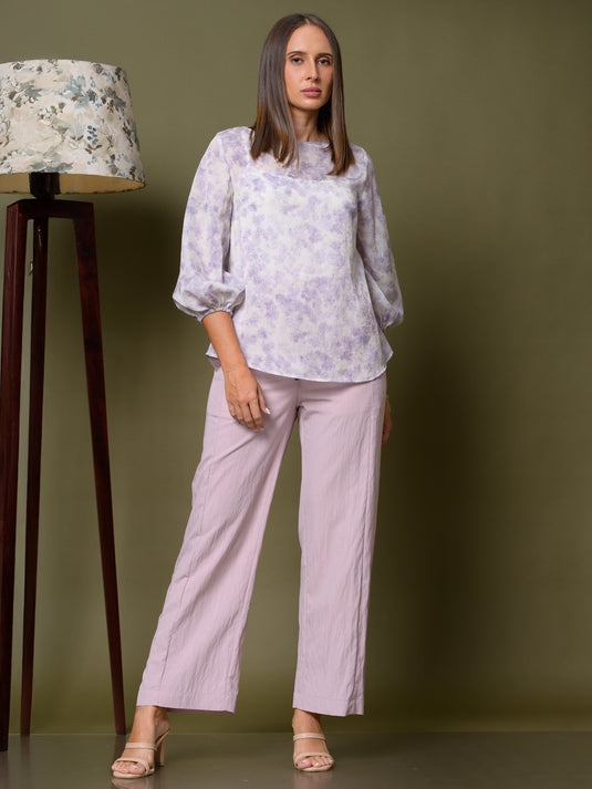 Printed basic top with balloon sleeves