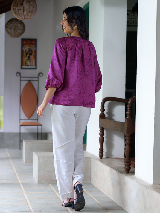 Batik front tie puff sleeve top