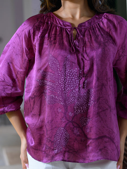 Batik front tie puff sleeve top
