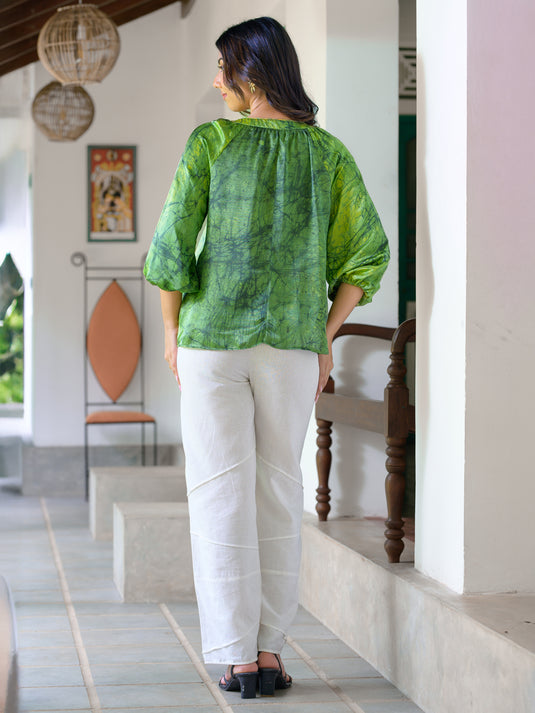 Batik front tie puff sleeve top