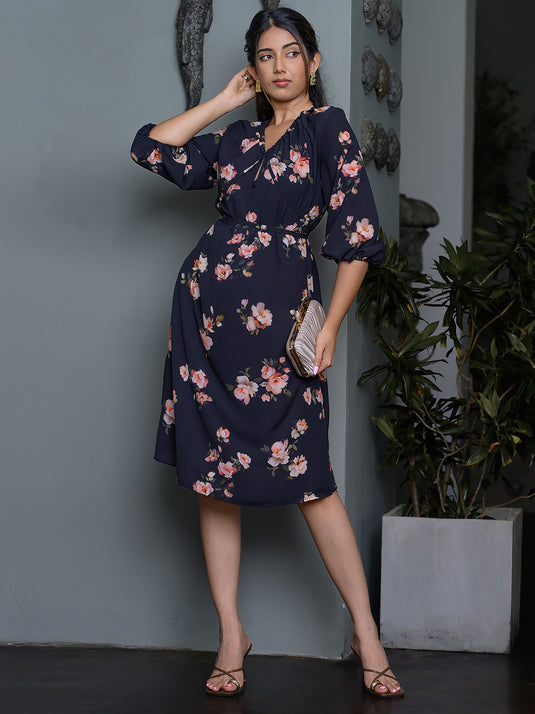 V neck printed dress